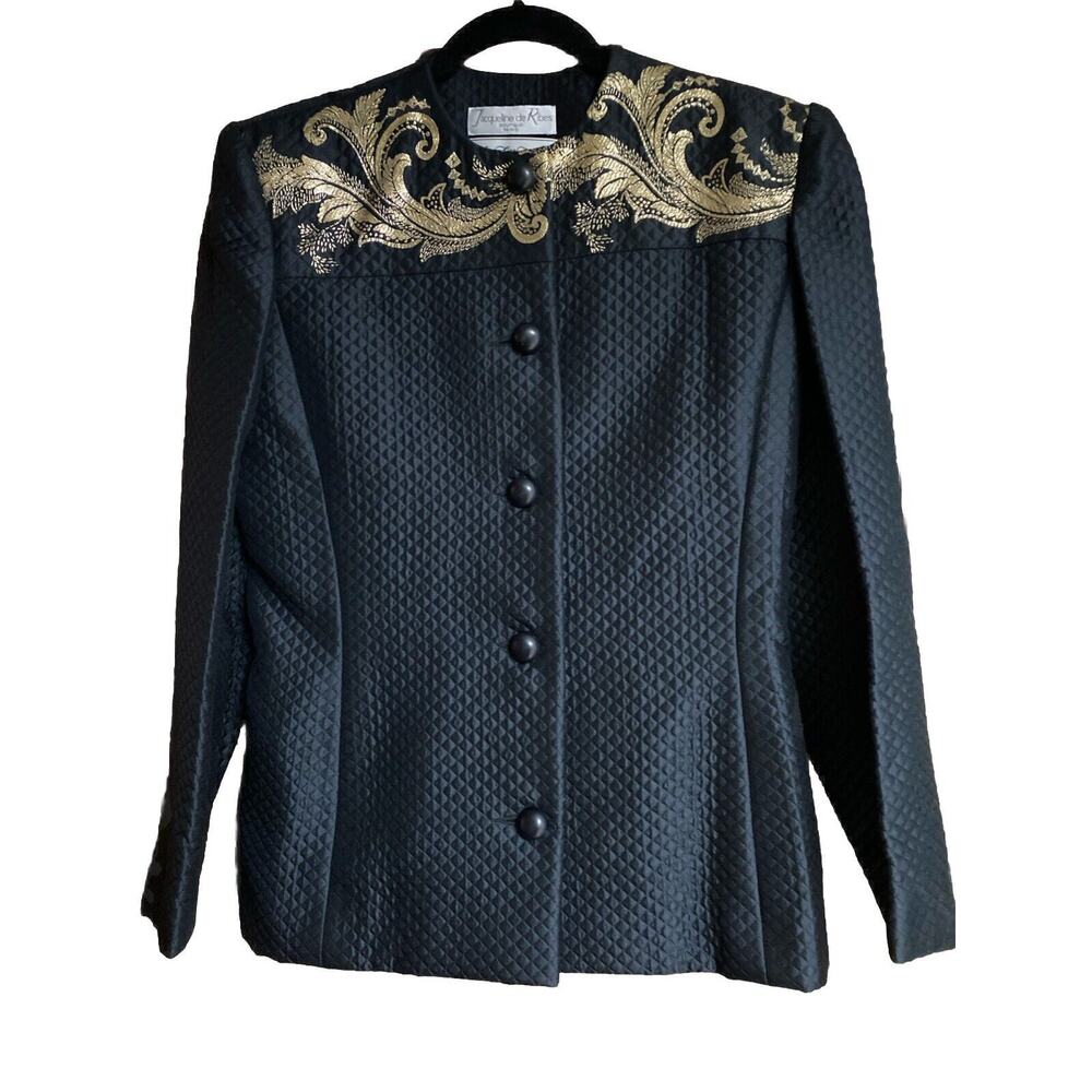 Vintage Jaqueline De Ribe Blazer Jacket Womens 6 Black & Gold Metallic Paisley
